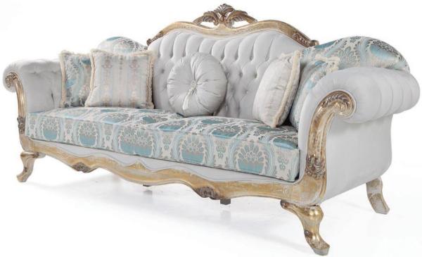 Casa Padrino Luxus Barock Samt Sofa mit Kissen Grau / Türkis / Antik Gold 252 x 82 x H. 115 cm