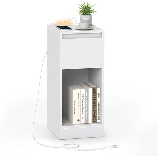 VASAGLE Nachttisch, schmal, Beistelltisch, LED-Beleuchtung, 1 USB-A-Anschluss, 1 USB-C-Anschluss, Schublade, offenes Fach, für Schlafzimmer, Wohnzimmer, wolkenweiß LETDE610W01