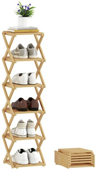HOMCOM Schuhregal mit 6 Ebenen aus Bambus, für max. 9 Paar Schuhe, klappbar Schuhständer 1-tlg, für Eingang, Schlafzimmer, 30 x 29 x 108 cm, Natur