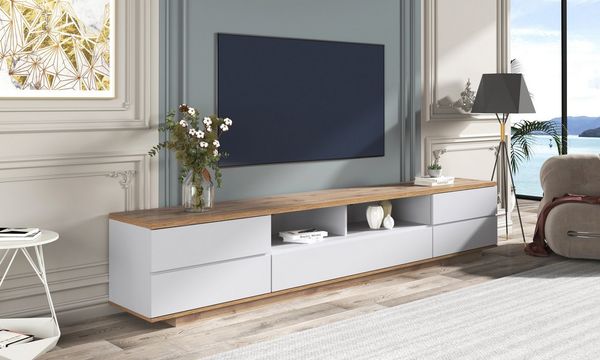autolock Lowboard TV-Schrank in weißer Ausführung mit Holzmaserung (180 L x 38 B x 46 H cm), TV-Board Fernsehschrank Kommode für Wohnzimmer Schlafzimmer