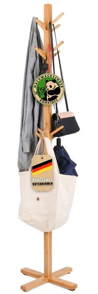 Kubus Kleiderständer Bambus-Garderobenständer Arven, Hohe Tragfähigkeit, 12 Haken – Ideal für Jacken, Taschen und Hüte