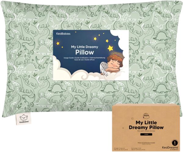 KeaBabies Kinderkissen mit Kissenbezug – 51X35cm Kinderkissen ab 2 Jahren, Waschbares, Weiches Bio-, zum Schlafen, Großes (DinoDood)
