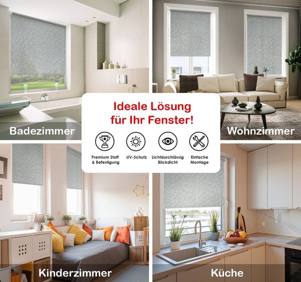 Rollo Tageslicht"Crystal", Grau 60x170cm, DomDeco, Klemmfix, Lichtschutz, ohne Bohren, blickdicht, Klemmfix