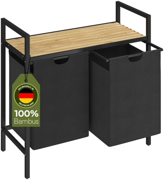 STEELSØN 'Rigil' Wäschesammler, schwarz, Wäschekorb inkl. 2 Wäschesäcke je 45 Liter aus Oxford-Gewebe, ausziehbar, Wäschebox mit Bambus-Ablagefläche