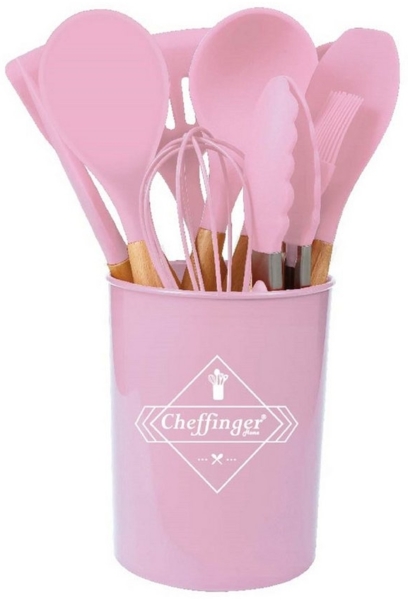 12-tlg Küchenhelfer Kochbesteck Set Kochgeschirr Silikon Holzgriff Pink
