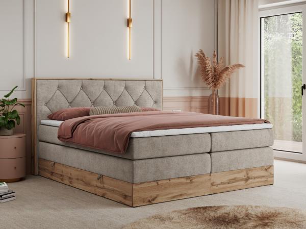 Boxspringbett VENETO KING, Doppelbett mit Multipocket-Matratze, Polsterbett mit Kopfstütze - 180 x 200 cm - Beige Stoff - H3