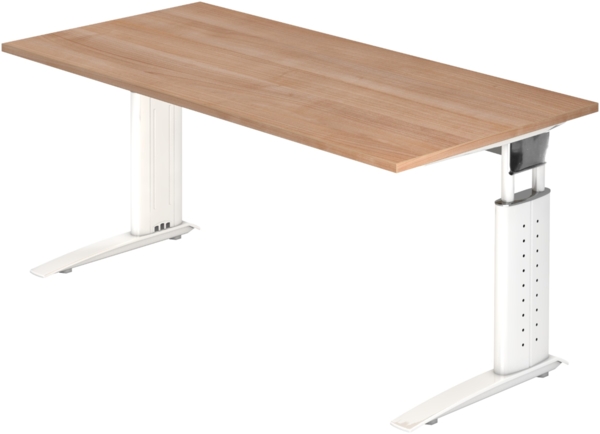 bümö höhenverstellbarer Schreibtisch U-Serie 160x80 Nussbaum, Gestell in weiß - PC Tisch für's Büro manuell höhenverstellbar, Computertisch verstellbar, US-16-N-W Bild 1