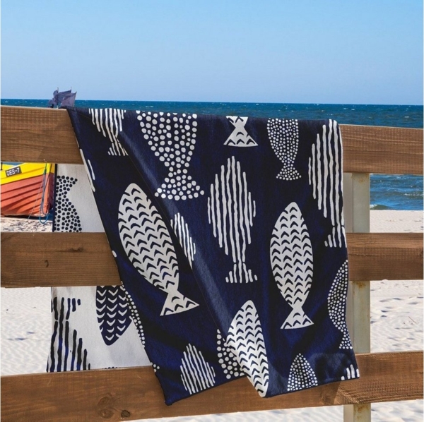 DecoKing Strandtuch groß 90x180 cm Baumwolle Frottee Velours Badetuch blau weiß Fish