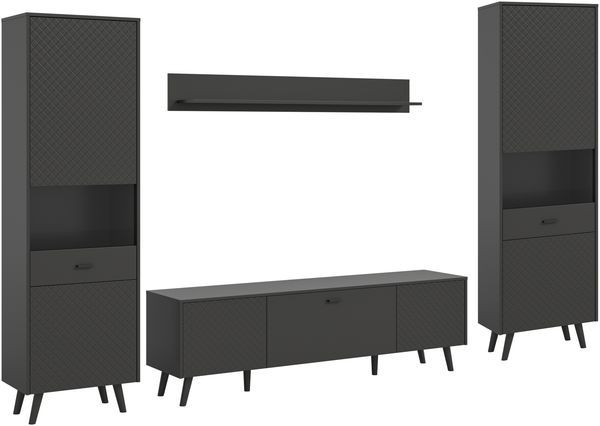 Wohnwand >Linea< (4-teilig) 2 Vitrinen, Lowboard, Wandboard, grau - 331x195x40cm BxHxT