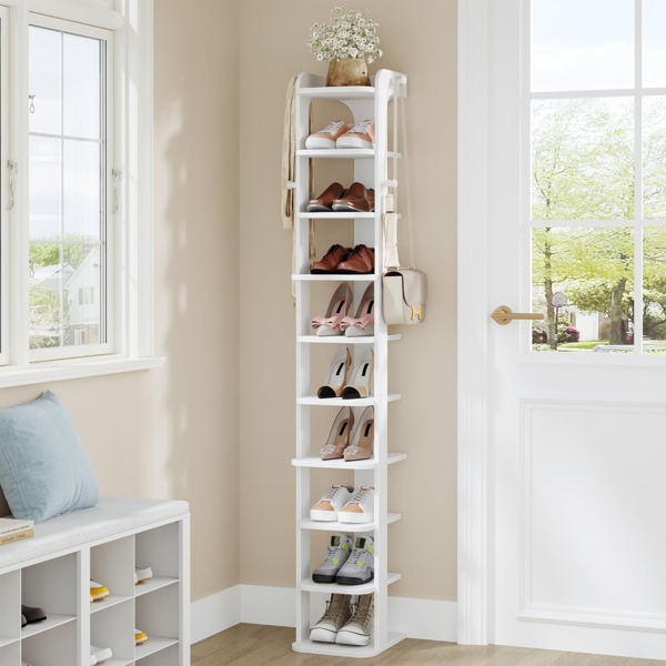 Schuhregal, Schmales Schuhablage mit 10 Ebenen, Holz-Schuh-Organizer mit Haken, Verstellbar, Platzsparend, Geeignet für Eingang, Flur, Wohnzimmer, Weiß