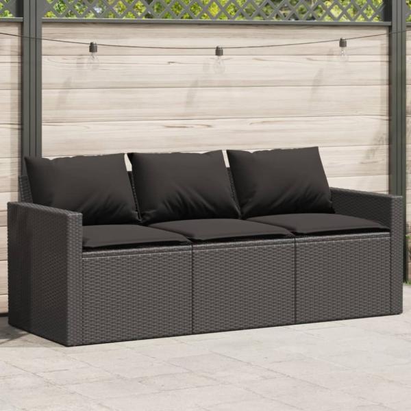 vidaXL Gartensofa mit Kissen 3-Sitzer Schwarz Poly Rattan 366341