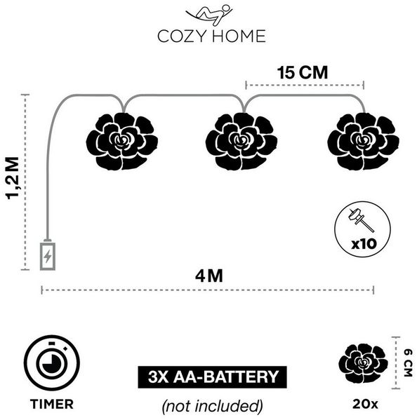 COZY HOME LED-Lichterkette Rosen Lichterkette Batterie & Stecker -, 5 Meter & 20 Blumen LED Warmweiß I Batterie&Stecker I Innenanwendung Bild 4