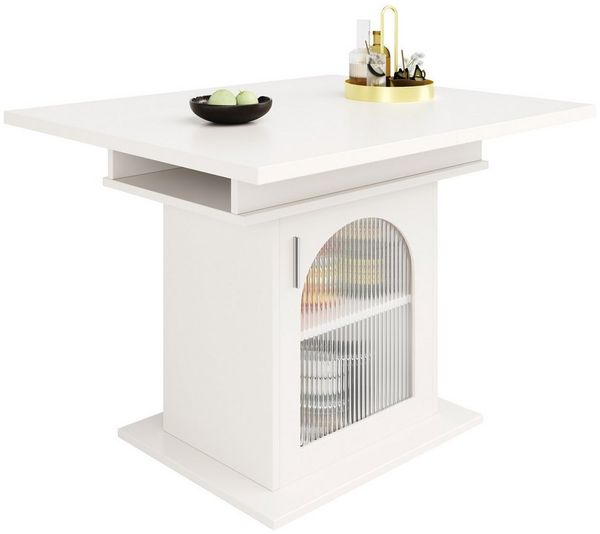 Flieks Esstisch (klappbar 110-140x80x76 cm, 1-St, mit Glastür und Metallgriff), ausziehbar Tisch rechteckig Küchentisch mit Stauraum Schreibtisch weiß
