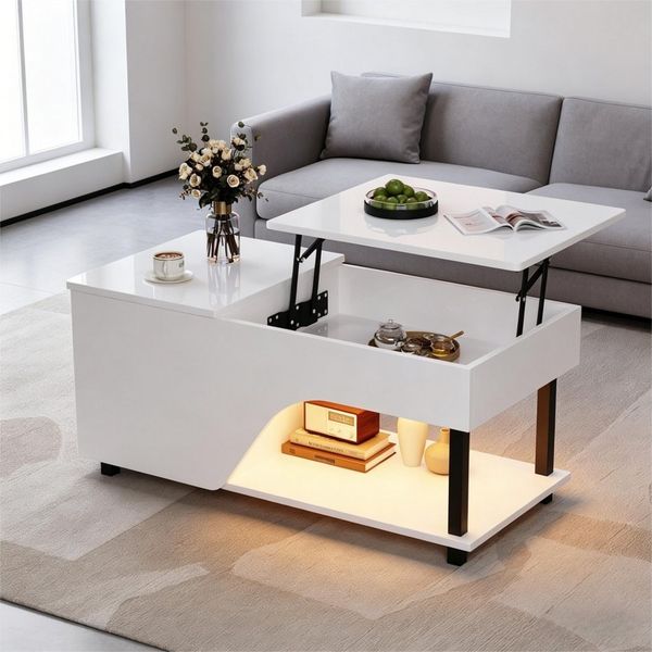 STILVORA Couchtisch höhenverstellbarer Wohnzimmertisch Hochglänzender LED-Sofatisch (LED-Couchtisch, höhenverstellbar, Stauraum, 50×100×46cm, Hochglanz, verstecktes Fach, Metallbeine, Schwarz), Für Wohnzimmer, Lounge, kleine Räume und Apartments
