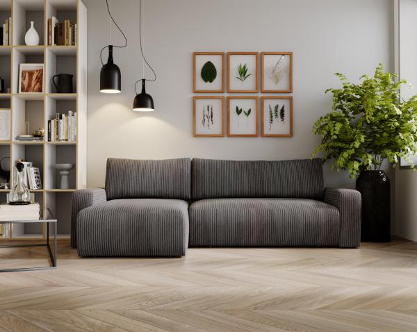 Ecksofa L-form, mit Schlaffunktion und Bettkasten - ARGOS - Dunkelgrau Cord