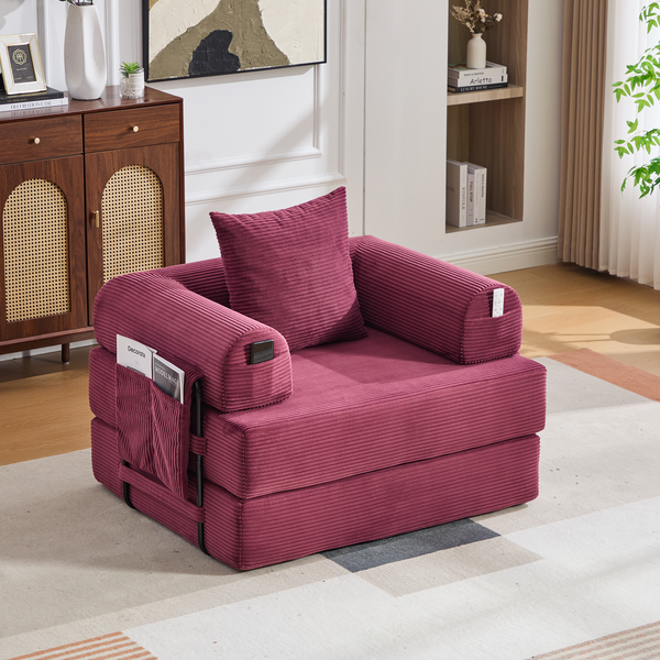 LVHOM 3-in-1 Schlafsessel, Klappsofa mit Schlaffunktion, Einzelschlafsofa mit Seitentaschen und Kissen, Polstersofa aus Cordstoff, frei Kombination, Weinrot