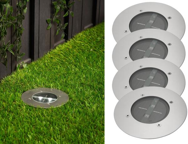 Solar LED Bodeneinbaustrahler 4er SET für Außen, Edelstahl rund Ø14cm IP67