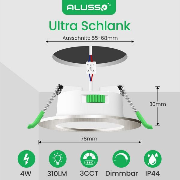 ALUSSO LED Einbaustrahler 6er-Set, Decken Leuchte, Flach Strahler für Bad, Wohnzimmer, 230V, 4W, 55-68 mm, Rund, Nickel