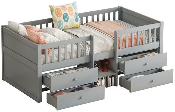 Flieks Hochbett Halbhohes Bett Kinderbett 90x200 cm mit 4 Schubladen und Leiter
