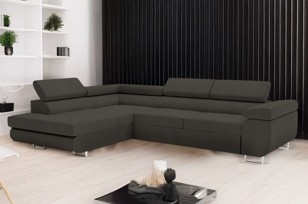Goldstoff Ecksofa mit Schlaffunktion & Bettkasten - hochwertiges Sofa, Couch mit Schlaffunktion für Wohnzimmer - Schlafsofa - Eckcouch, Eckcouch mit praktischem Bettkasten in grau