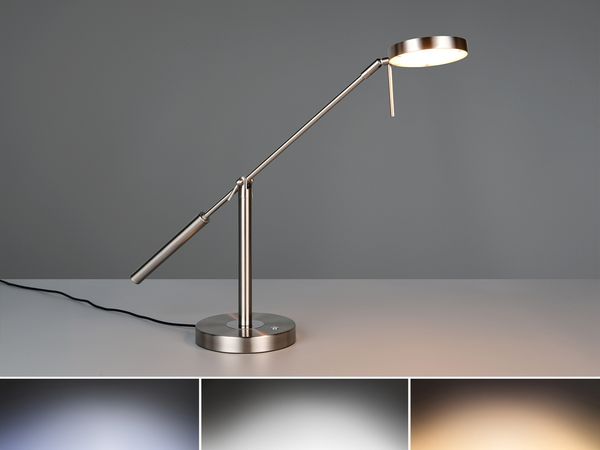 Moderne LED Schreibtischlampe MONZA dimmbar mit Schwenkarm, Silber Höhe 52cm