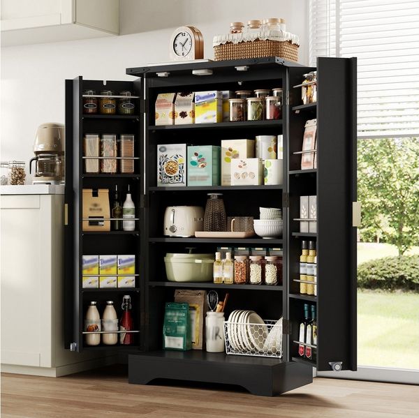 HAUSS SPOLE Highboard mit LED Hochschrank Küchenschrank mit verstellbare Regalböden,Schwarz (20×60,5×40 cm, Holzmaserung-Finish, Doppeltürschrank, vielseitige Aufbewahrung, moderne Türdesigns), verstellbare Einlegeböden, Kippschutz, staubgeschützte Auf...