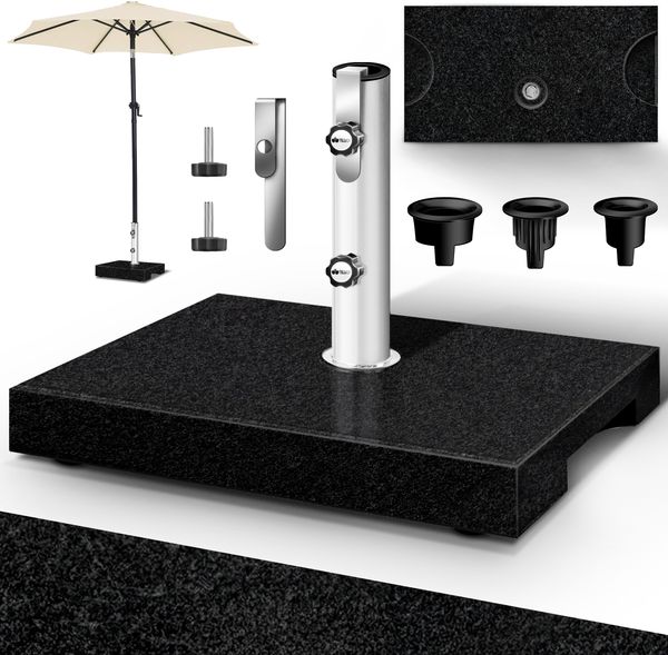 tillvex® Granit Sonnenschirmständer mit Transportgriff Schwarz - 27 kg Rechteckig | Schirmständer Sonnenschirm mit Edelstahlrohr | Balkonschirmständer für Schirmstöcke 16-48 mm & 300 cm Schirmdurchmesser
