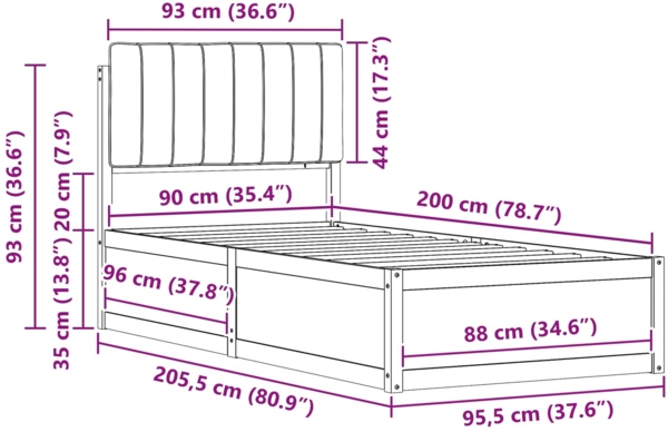 vidaXL Bettgestell mit gepolstertem Kopfteil Taupe 90x200 cm 877797 Bild 10