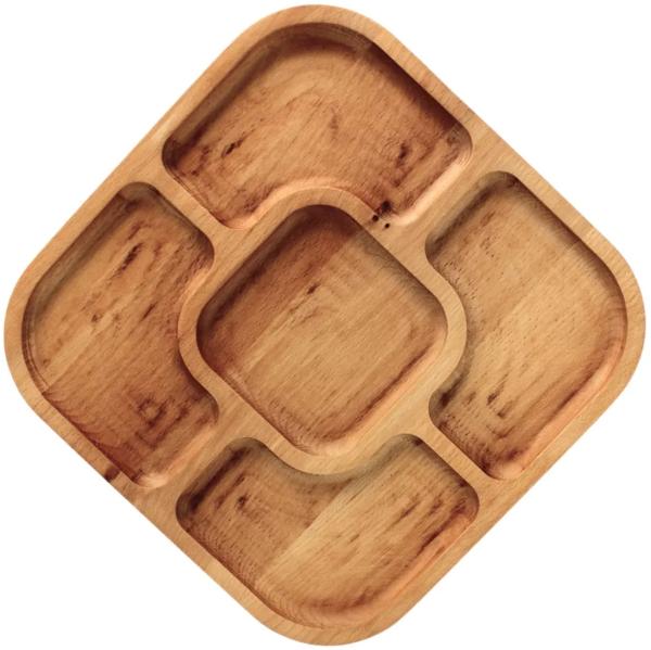 28x28cm Servierplatte aus natürlichem Holz mit 5 geteilten Fächern, Servierteller von Vorspeisen, Käse und Snacks, Holzplatte Cheeseboard für Fleisch und Käse, Käseplatte, Cheese Board