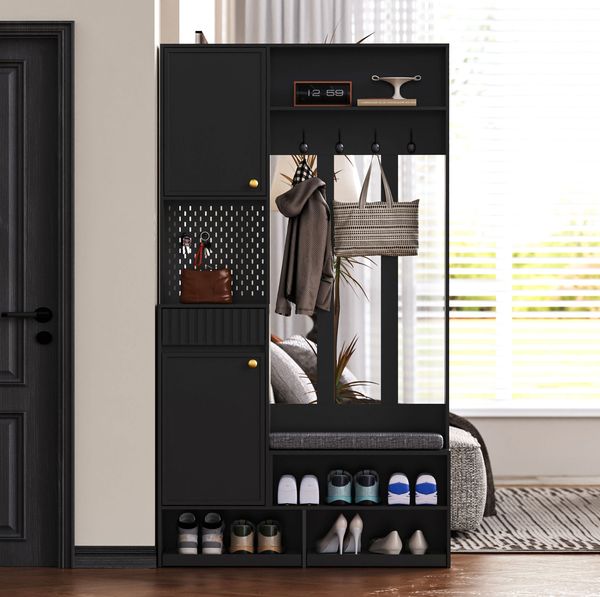 Garderoben-Set mit Sitzbank & Lochwand, Schwarz, 100x35x180 cm