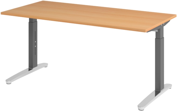 bümö manuell höhenverstellbarer Schreibtisch 160x80 in Buche, Gestell in graphit/alu - PC Tisch höhenverstellbar & groß, höhenverstellbarer Tisch Büro, großer Computertisch verstellbar, X16-6-GC