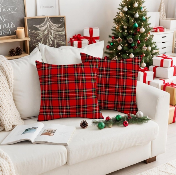 CLTYQ Kissenbezüge 2er Set Weihnachtskissenbezüge mit Karomuster für festliche, Accent Doppelseitiger Digitaldruck,Rot Kissenbezug 45x45 cm Bild 3