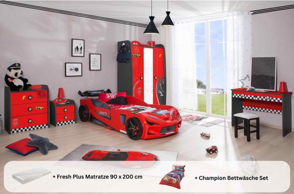 Kinderzimmer komplett Set Autobett Rio 5 teilig Rot ohne Sportsitze, Creativ Fresh Plus H2, mit Bettwäsche, ohne Wandregal