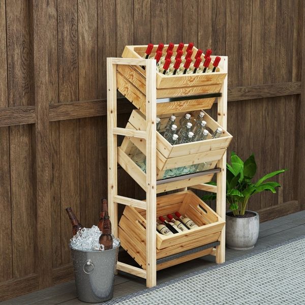 Getränkekistenregal 3-stöckig Kistenständer Holz Edelstahl geneigt Garten Keller Lagerregal