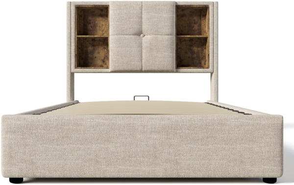 Merax Polsterbett mit kabellosem Laden, USB-C Anschluss, Stauraum & Lattenrost, Leinen, Beige, 90x200 cm Bild 8