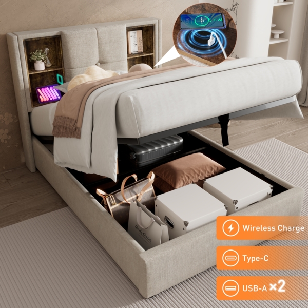 Merax Polsterbett mit kabellosem Laden, USB-C Anschluss, Stauraum & Lattenrost, Leinen, Beige, 90x200 cm Bild 4