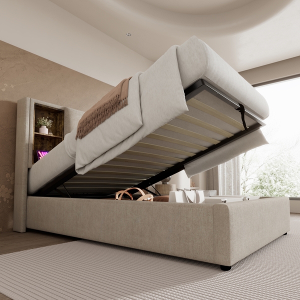 Merax Polsterbett mit kabellosem Laden, USB-C Anschluss, Stauraum & Lattenrost, Leinen, Beige, 90x200 cm Bild 3