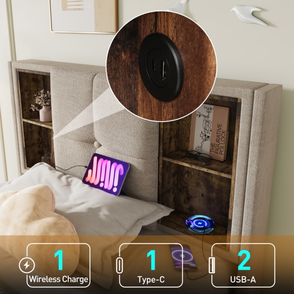 Merax Polsterbett mit kabellosem Laden, USB-C Anschluss, Stauraum & Lattenrost, Leinen, Beige, 90x200 cm Bild 5