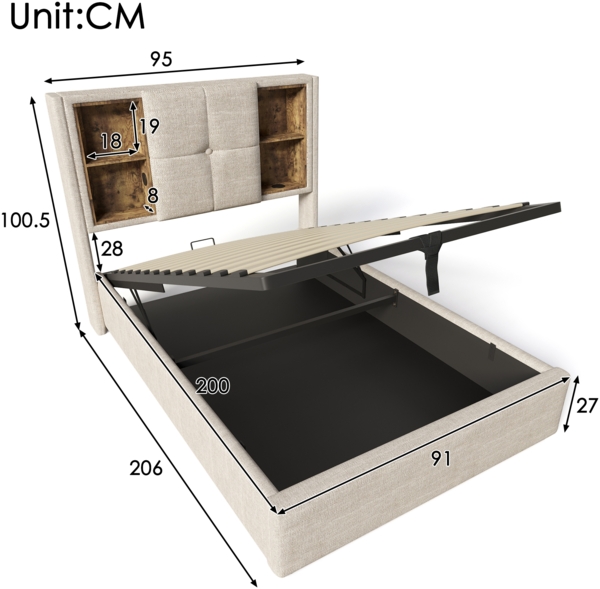 Merax Polsterbett mit kabellosem Laden, USB-C Anschluss, Stauraum & Lattenrost, Leinen, Beige, 90x200 cm Bild 6