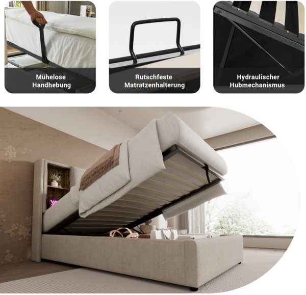 Merax Polsterbett mit kabellosem Laden, USB-C Anschluss, Stauraum & Lattenrost, Leinen, Beige, 90x200 cm Bild 7