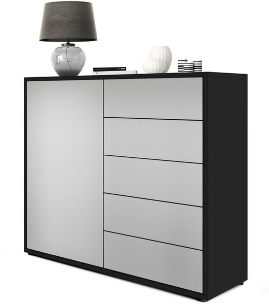 Vladon Sideboard Ben V2, Kommode mit 1 Tür und 5 Schubladen, Schwarz matt/Hellgrau Seidenmatt (79 x 74 x 36 cm)