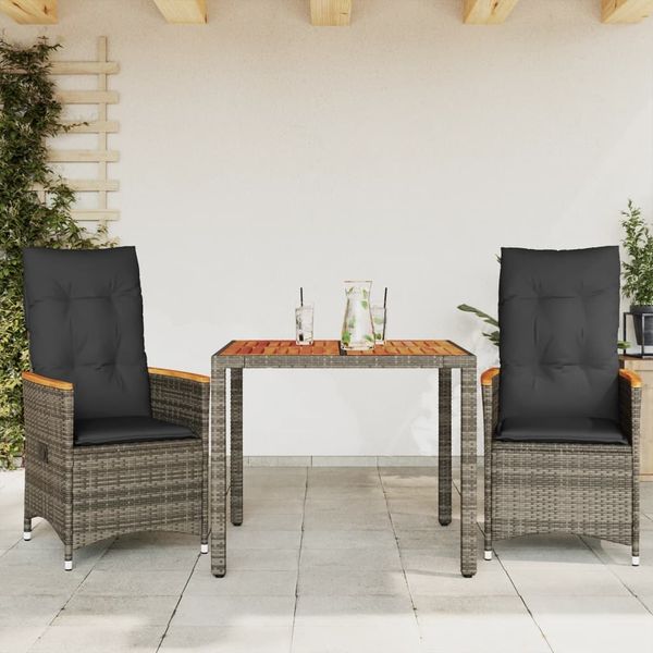 vidaXL 3-tlg. Bistro-Set mit Kissen Grau Poly Rattan 3276843