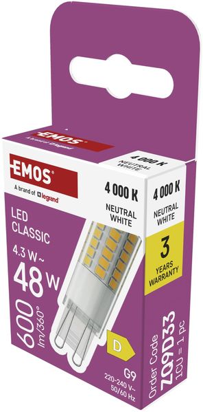 EMOS - G9 LED Lampe CLASSIC 4,3 Watt, ersetzt 48 Watt Halogenlampe - G9 Pin Lampe JC mit Helligkeit 600 Lumen - Neutralweiß 4000 Kelvin - langlebig 30000 Stunden - 300° Abstrahlwinkel - SMD LEDs