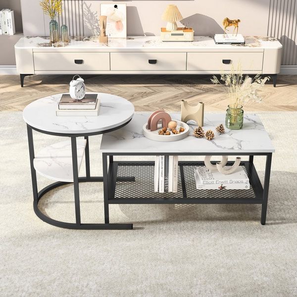 FUROKOY Couchtisch Beistelltisch Sofatisch wohnzimmertisch kaffeetisch 2er set, Runder und quadratischer Tisch,Schwarz,Marmoroptik