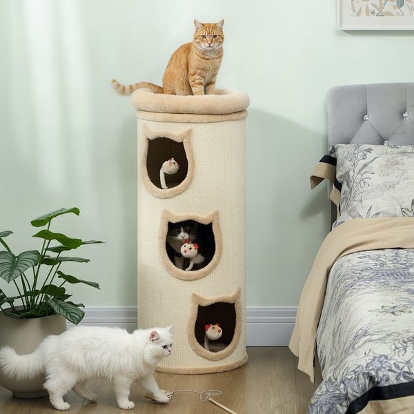 PawHut Kratztonne 96 cm hoch, (Katzenturm, 1-tlg, Katzentoilette mit Sisalseil, 3 Höhlen), mit 3 Spielzeugen, Cremeweiß
