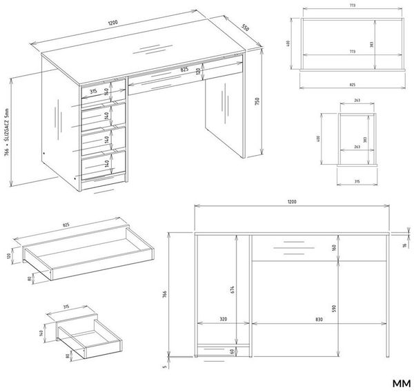 Raumhirsch Furniture Schreibtisch Computertisch, Bürotisch, Lerntisch, Arbeitstisch (Maße 120 x 55 x 76,5 (H) cm, 5 Schubladen), Viel Stauraum, Rollenführungen Bild 3