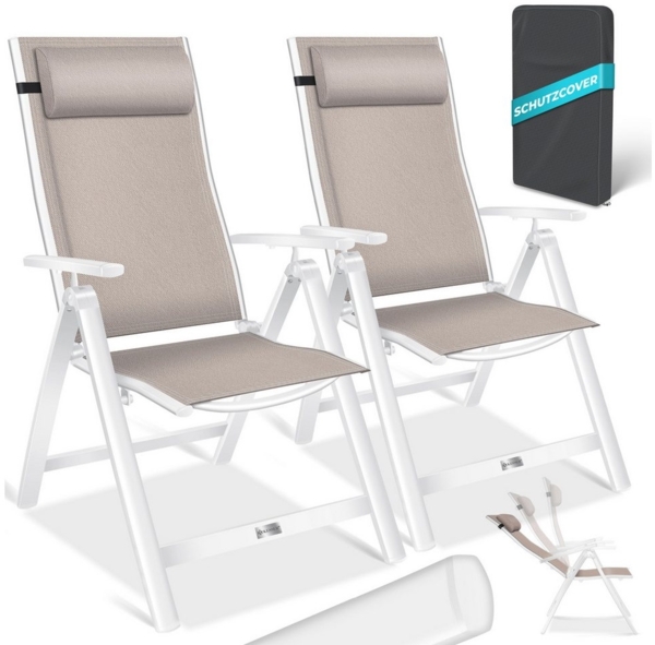 KESSER® Gartenstuhl Hochlehner mit Armlehnen | Aluminium Klappstuhl inkl. Kopfkissen Campingstuhl 7-Fach Verstellbar Rückenlehne | Atmungsaktiv & Wetterfest | Klappbar & Anti-Rutsch 2 Stück, Taupe