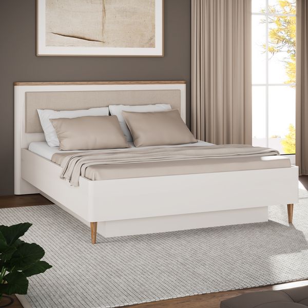 Forte LACETTI Bettgestell, Liegefläche 160 x 200 cm, elegantes Bett mit Lattenrost und Kopfteil, Schlafzimmer, Kaschmir|Beige|Valencia Eiche Holzdekor, 175,9 cm breit x 103,9 cm hoch x 208 cm tief