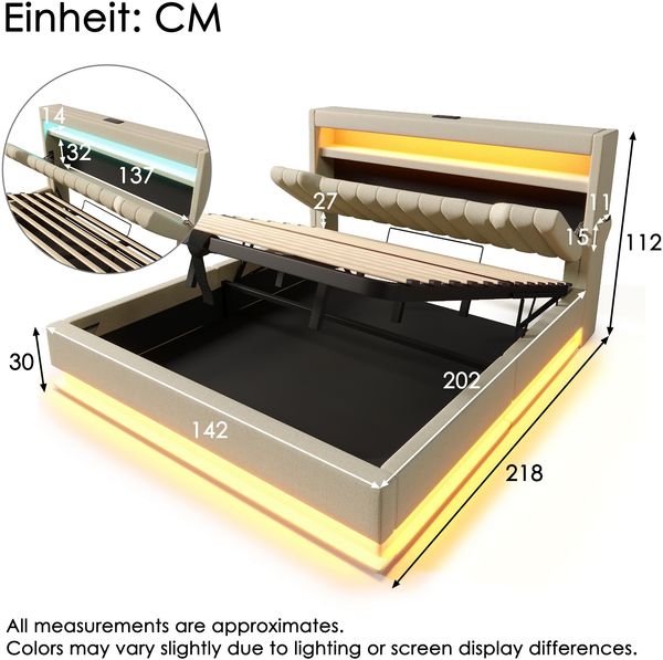 Polsterbett 140x200 mit LED-Beleuchtung, Ladefunktion USB & Type-C, hydraulischem Stauraum, Kopfteilregal, Leinenbezug,mit Matratze Bild 10