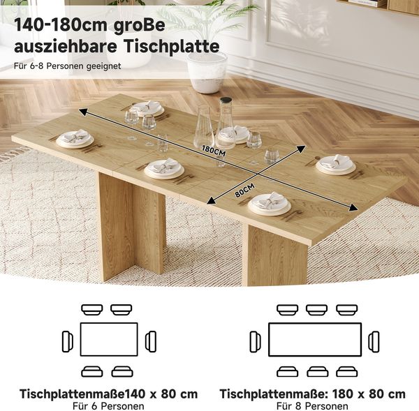 Esstisch ausziehbar H 75 x T 140/180 x B 80 cm, MDF in Eichenoptik, 30 mm Tischplatte, für 6–8 Personen Bild 8